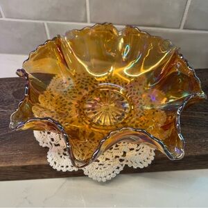 Vintage Amber Carnival Glass Ruffled Dish